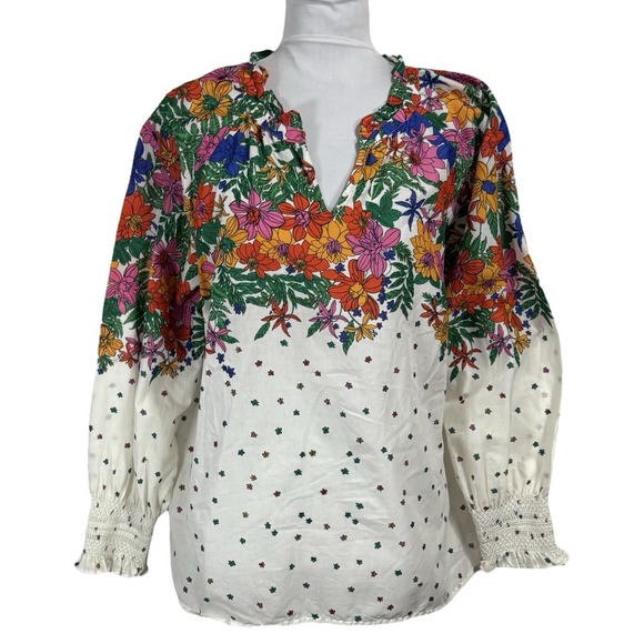 Talbots Blissful Floral Ruffle Blouse Plus‎ Petite XP X Smocked Cuff Boho Sheer - Picture 1 of 16